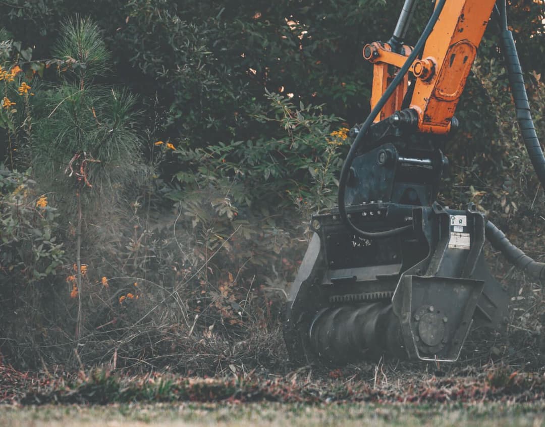 close-up of a forestry mulcher attached to an excavator clearing brush and small trees in a wooded area